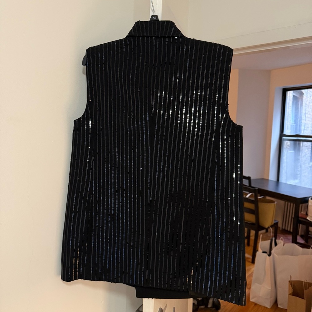 Michael Kors Black Sequin Pinstripe Double-Breasted Sleeveless Blazer Vest - Picture 5 of 8